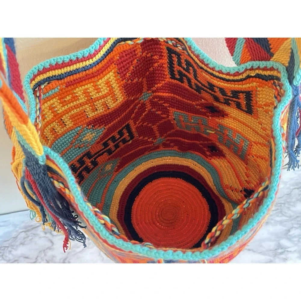Wayuu Mochila Bucket Bag Boho Colombia Rioacha Orange Yellow Blue Red Festival